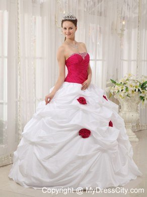 Red Flowers Beaded Ruching Hot Pink and White Dress For Quince