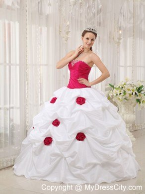 Red Flowers Beaded Ruching Hot Pink and White Dress For Quince