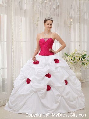 Red Flowers Beaded Ruching Hot Pink and White Dress For Quince