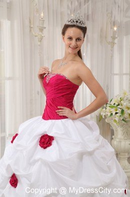 Red Flowers Beaded Ruching Hot Pink and White Dress For Quince