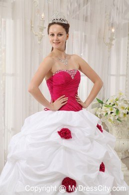 Red Flowers Beaded Ruching Hot Pink and White Dress For Quince