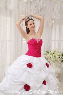 Red Flowers Beaded Ruching Hot Pink and White Dress For Quince