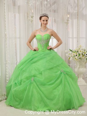 Sweetheart Beaded Appliques Spring Green Quinceanera Gowns