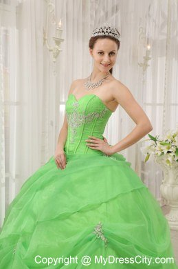 Sweetheart Beaded Appliques Spring Green Quinceanera Gowns