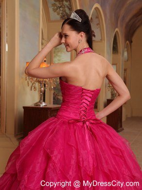 Pretty Appliques Halter Top Ruffles Hot Pink Quinceanera Dresses