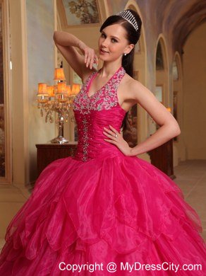 Pretty Appliques Halter Top Ruffles Hot Pink Quinceanera Dresses