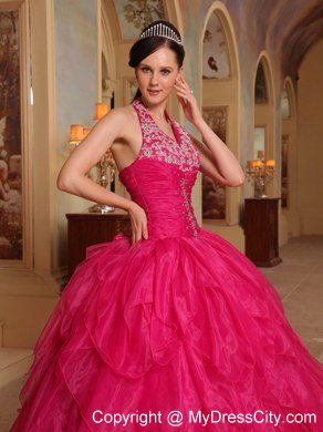 Pretty Appliques Halter Top Ruffles Hot Pink Quinceanera Dresses