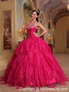 Pretty Appliques Halter Top Ruffles Hot Pink Quinceanera Dresses