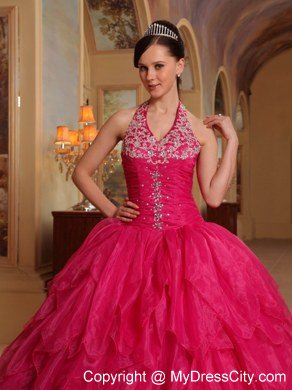 Pretty Appliques Halter Top Ruffles Hot Pink Quinceanera Dresses