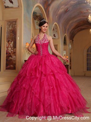 Pretty Appliques Halter Top Ruffles Hot Pink Quinceanera Dresses