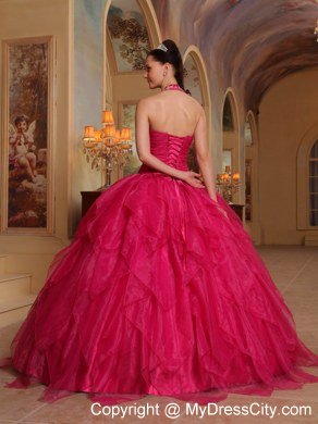 Pretty Appliques Halter Top Ruffles Hot Pink Quinceanera Dresses