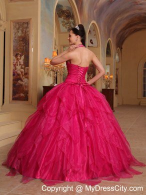 Pretty Appliques Halter Top Ruffles Hot Pink Quinceanera Dresses