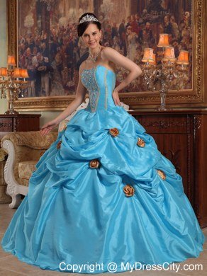 Beaded Strapless Flowers Aqua Blue Dresses For 2013 Sweet 15