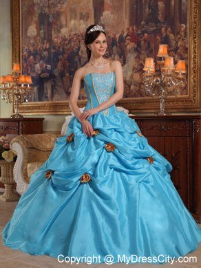 Beaded Strapless Flowers Aqua Blue Dresses For 2013 Sweet 15