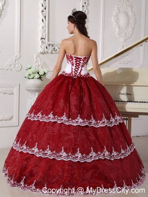 Wine Red Appliques Organza Strapless 2013 Quinceanera Gowns