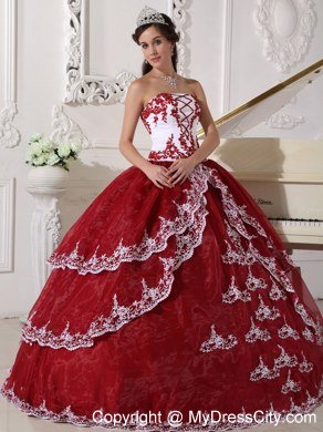 Wine Red Appliques Organza Strapless 2013 Quinceanera Gowns