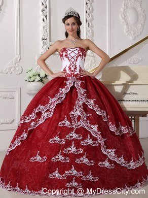 Wine Red Appliques Organza Strapless 2013 Quinceanera Gowns