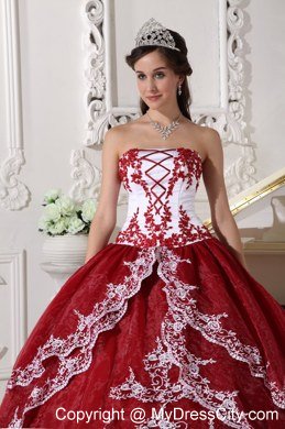 Wine Red Appliques Organza Strapless 2013 Quinceanera Gowns