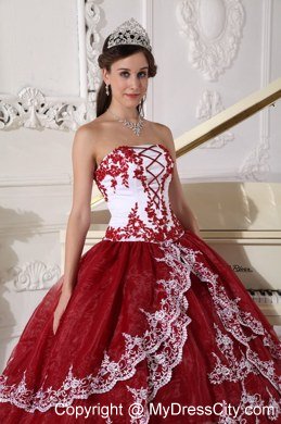 Wine Red Appliques Organza Strapless 2013 Quinceanera Gowns