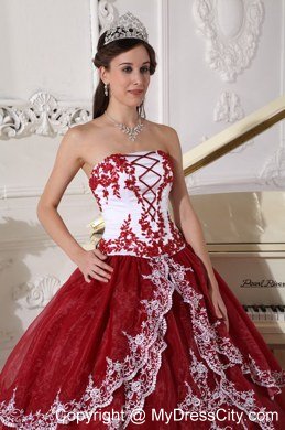 Wine Red Appliques Organza Strapless 2013 Quinceanera Gowns