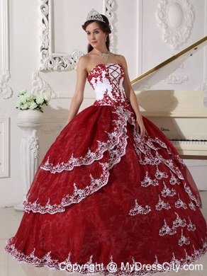 Wine Red Appliques Organza Strapless 2013 Quinceanera Gowns