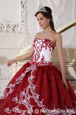 Wine Red Appliques Organza Strapless 2013 Quinceanera Gowns