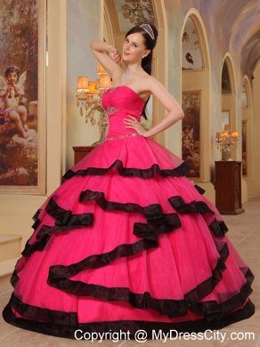 Coral Red Beaded Strapless Black Hem Quinceanera Party Dresses