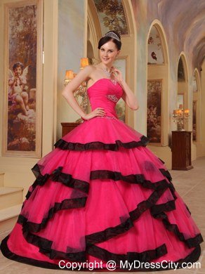 Coral Red Beaded Strapless Black Hem Quinceanera Party Dresses