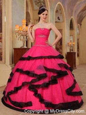 Coral Red Beaded Strapless Black Hem Quinceanera Party Dresses