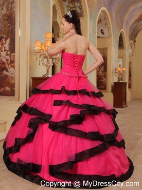 Coral Red Beaded Strapless Black Hem Quinceanera Party Dresses