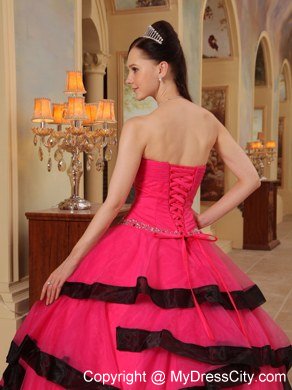 Coral Red Beaded Strapless Black Hem Quinceanera Party Dresses