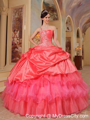 One Shoulder Appliques Tiers Watermelon Quinceanera Party Dresses