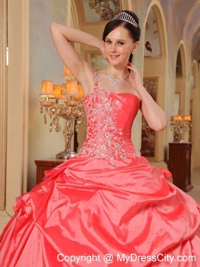 One Shoulder Appliques Tiers Watermelon Quinceanera Party Dresses