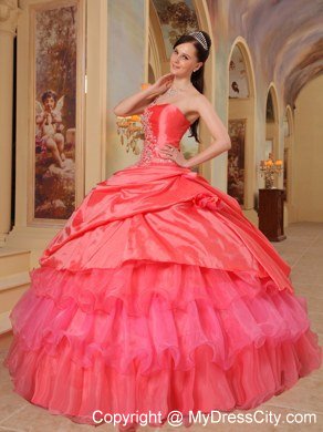 One Shoulder Appliques Tiers Watermelon Quinceanera Party Dresses