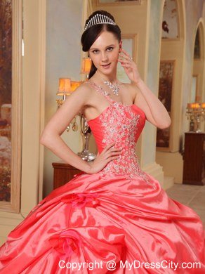 One Shoulder Appliques Tiers Watermelon Quinceanera Party Dresses