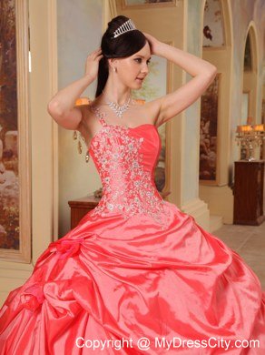 One Shoulder Appliques Tiers Watermelon Quinceanera Party Dresses