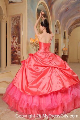 One Shoulder Appliques Tiers Watermelon Quinceanera Party Dresses