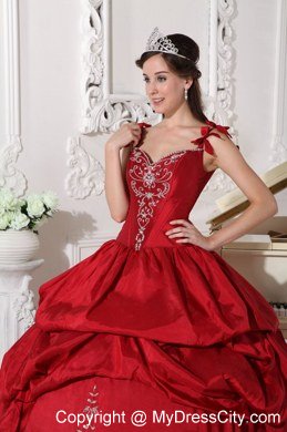 Flowers Straps Embroidery Pick Ups Wine Red Dresses For Sweet 15