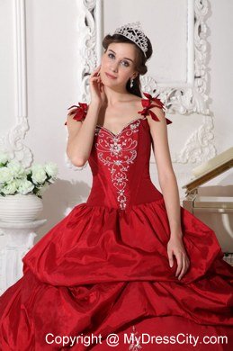 Flowers Straps Embroidery Pick Ups Wine Red Dresses For Sweet 15