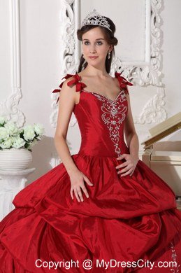 Flowers Straps Embroidery Pick Ups Wine Red Dresses For Sweet 15