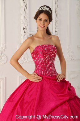 Beaded Strapless Organza Flowers Hot Pink Quinceanera Gowns