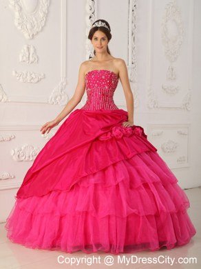 Beaded Strapless Organza Flowers Hot Pink Quinceanera Gowns