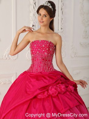 Beaded Strapless Organza Flowers Hot Pink Quinceanera Gowns