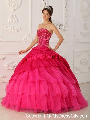 Beaded Strapless Organza Flowers Hot Pink Quinceanera Gowns