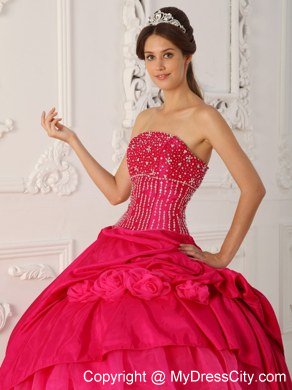 Beaded Strapless Organza Flowers Hot Pink Quinceanera Gowns