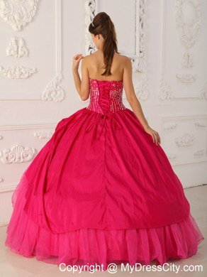 Beaded Strapless Organza Flowers Hot Pink Quinceanera Gowns