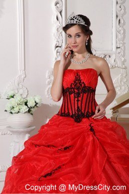 Black Embroidery Strapless Pick Ups Red Quinceanera Dresses