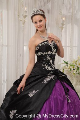 Appliques Strapless Cheap Black and Purple Quinceanera Dresses