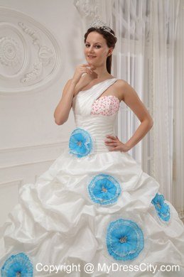 One Shoulder Blue Flowers White Dresses For Sweet 16 With Pick Ups