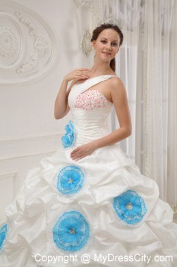 One Shoulder Blue Flowers White Dresses For Sweet 16 With Pick Ups